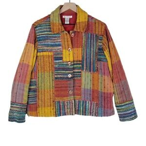 TravelSmith Woven Jacket M Button Front Multicolor Stripe Check‎ Boho Tweed